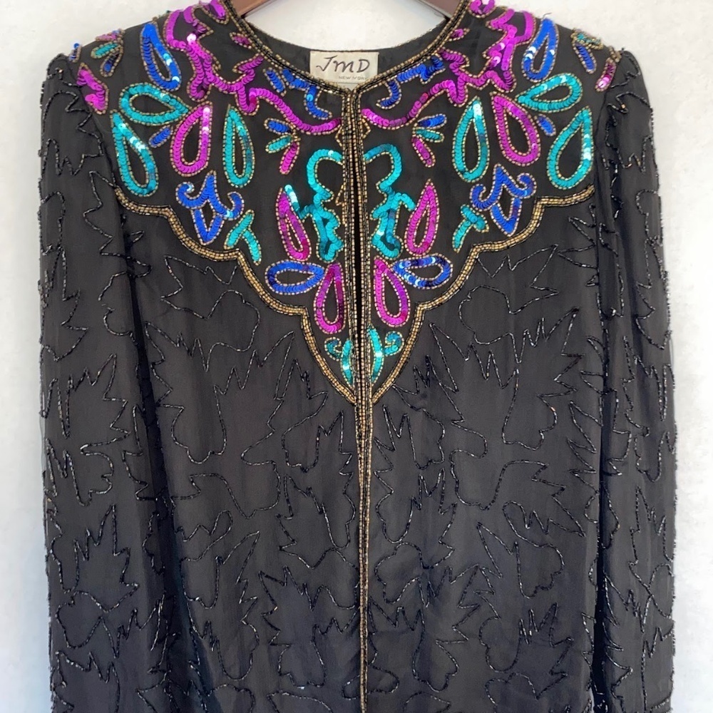 Vintage JMD New York Black Sequin Beaded Silk Formal Evening Jacket, PM EUC